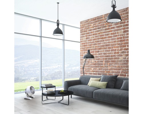 Wohnzimmer mit Sofa, Tisch, Lampe und Ventilator vor einer Ziegelwand