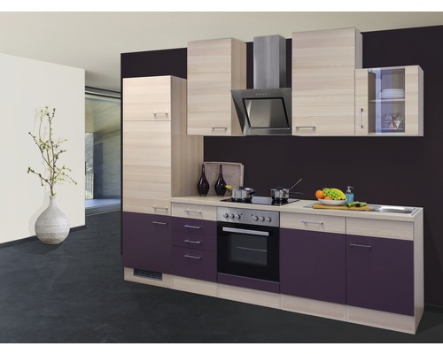 Flex Well Küchenzeile mit Geräten Focus 280 cm Frontfarbe akazie aubergine matt Korpusfarbe akazie zerlegt