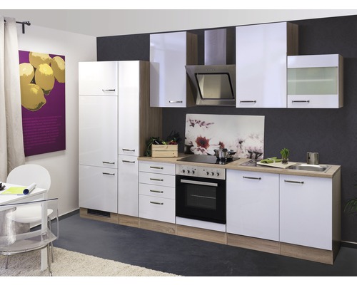 Flex Well Küchenzeile mit Geräten Valero 310 cm Frontfarbe weiß hochglanz Korpusfarbe sonoma eiche zerlegt