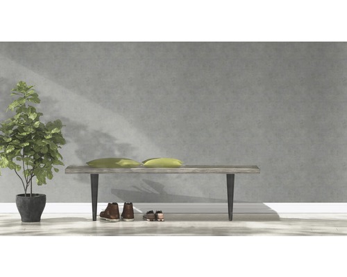 Szene mit Bank, zwei Kissen, Zimmerpflanze und Schuhen