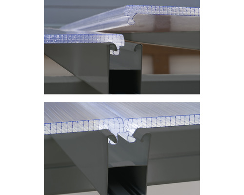 Detailaufnahme von Polycarbonatplatten auf einem grauen Rahmen für den Terrassenbau