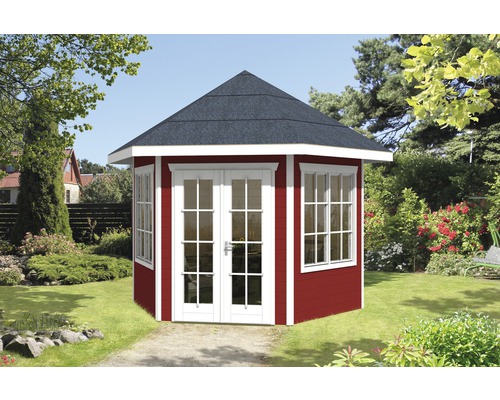 Gartenhaus mit Doppeltür und mehreren Fenstern im Garten