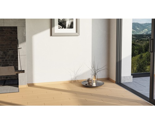 Heller Raum mit Holzboden, Kamin und Schiebetür