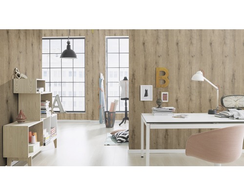 Wohnraum mit Holzpaneelen, Schreibtisch und Regalen