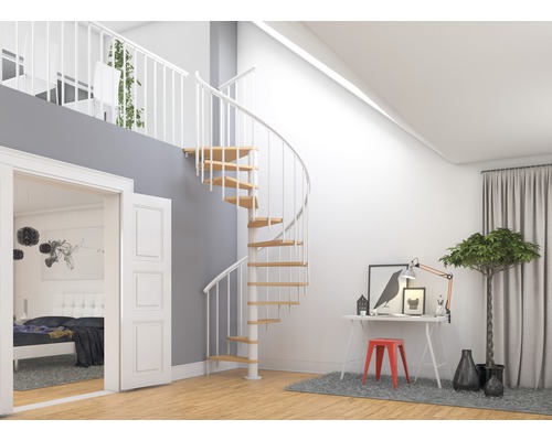 Modernes Wohnzimmer mit Wendeltreppe, Schreibtisch und Schlafzimmerblick