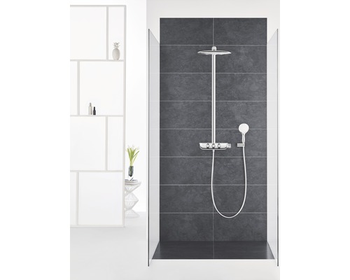 Duschkabine mit Kopf- und Handbrause sowie Ablage für Duschutensilien vor dunklem Fliesenhintergrund