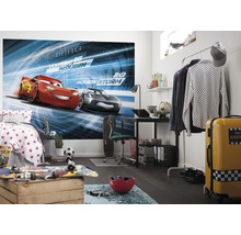 Kinderzimmer mit Wandbild von Lightning McQueen und Jackson Storm, Schreibtisch, Bett und Accessoires.