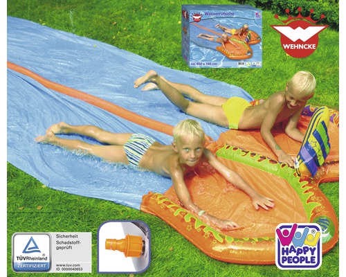 Wasserrutsche mit zwei Kindern im Garten, inklusive Produktverpackung, Happy People Logo und TÜV Rheinland Zertifikat