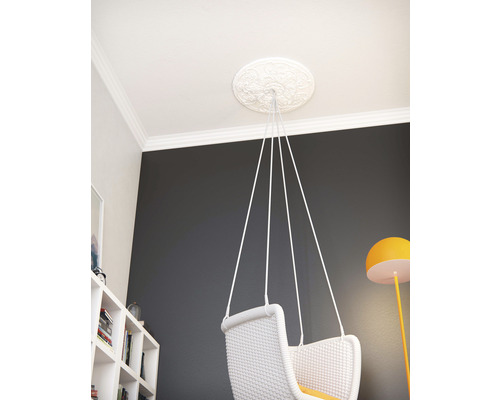 Innenaufnahme eines Zimmers mit einer Deckenrosette und einem Hängesessel