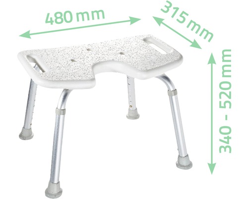 Duschhocker mit den Maßen 480 mm Breite, 315 mm Tiefe und 340 bis 520 mm Höhe