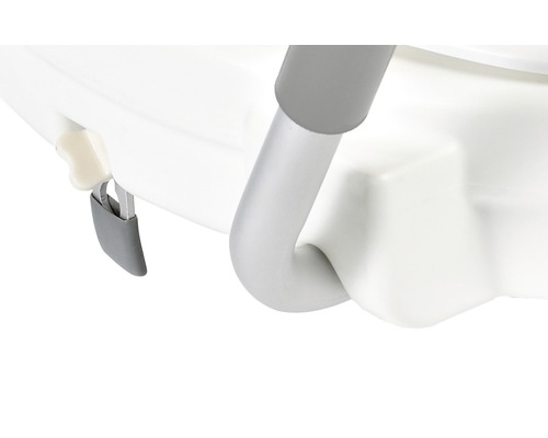 Detailansicht eines Toilettensitzes mit Griff und Verriegelungsmechanismus.