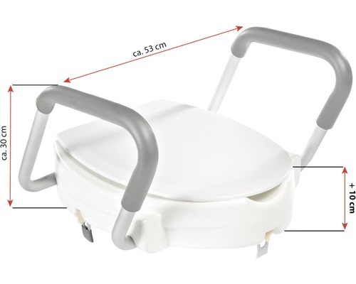 Toilettensitzerhöhung mit Armlehnen, circa 53 Zentimeter breit und 30 Zentimeter hoch