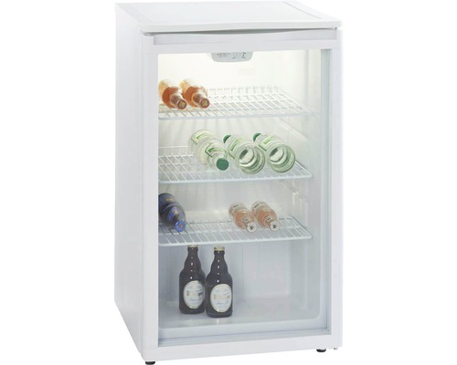 Gefüllter, weißer Minikühlschrank mit Glastür