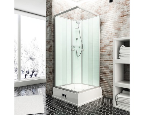 Komplettdusche SCHULTE Korfu 94 x 110 x 215 cm alu-natur inkl. Boiler und Pumpe Duschkabine im Badezimmer mit Ziegelwand und Regal