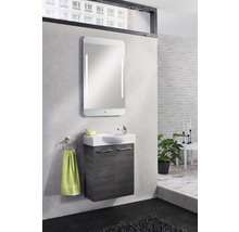 Modernes Badezimmer mit Waschbeckenunterschrank, Spiegel und Handtuchhalter