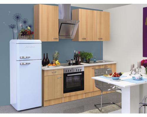 Flex Well Küchenzeile mit Geräten Nano 220 cm Frontfarbe buche matt Korpusfarbe buche zerlegt-0