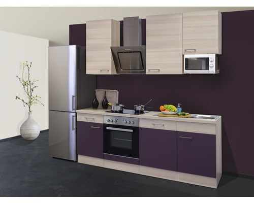 Flex Well Küchenzeile mit Geräten Focus 220 cm Frontfarbe akazie aubergine matt Korpusfarbe akazie zerlegt-0