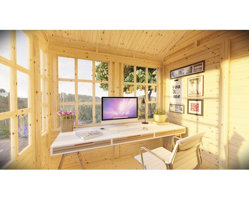 Holzgartenhaus mit Arbeitsplatz, Schreibtisch, Computer und Fenster