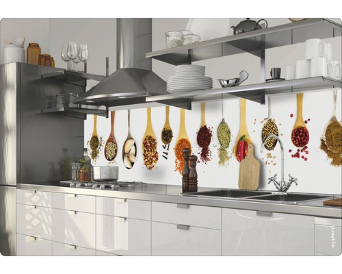 Küchenrückwand mit Gewürzmotiv in einer modernen Küche