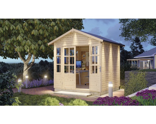 Gartenhaus Bertilo She Shed Teahouse mit Fußboden 276 x 267 cm natur Holzgartenhaus mit Fenstern und geöffneten Türen im Garten