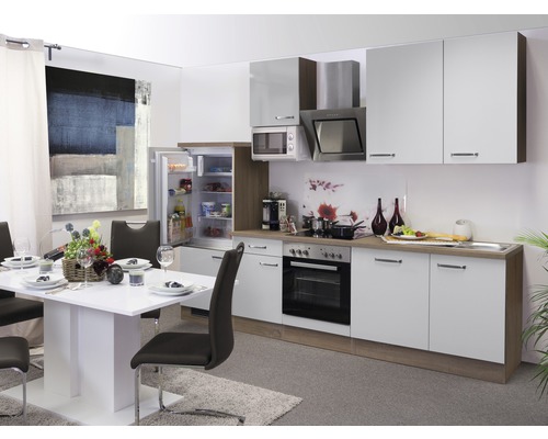 Flex Well Küchenzeile mit Geräten Valero 280 cm Frontfarbe weiß hochglanz Korpusfarbe sonoma eiche zerlegt