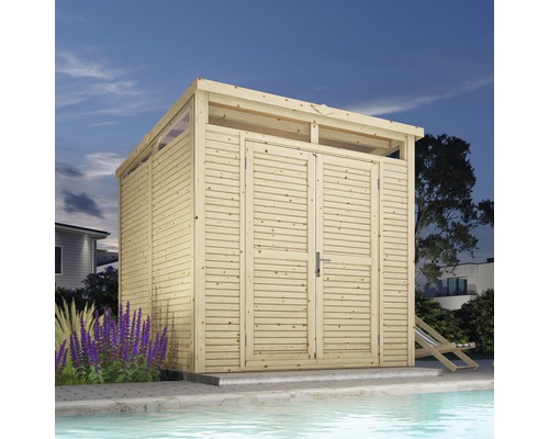 Holzgartenhaus mit Doppeltür neben Pool