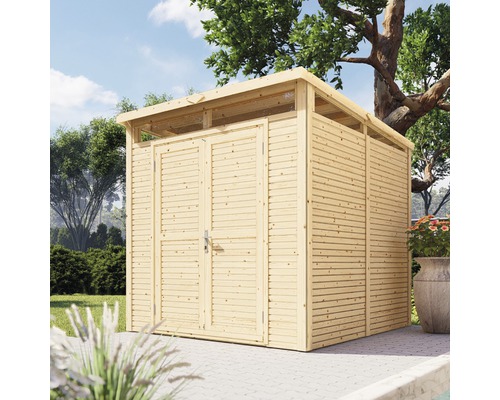 Gartenhaus Bertilo Woodline Pultdach mit Fußboden 226 x 240 cm natur Gartenschrank aus Holz mit Doppeltür zur Aufbewahrung im Außenbereich