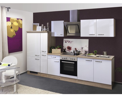 Flex Well Küchenzeile mit Geräten Valero 300 cm Frontfarbe weiß hochglanz Korpusfarbe sonoma eiche zerlegt