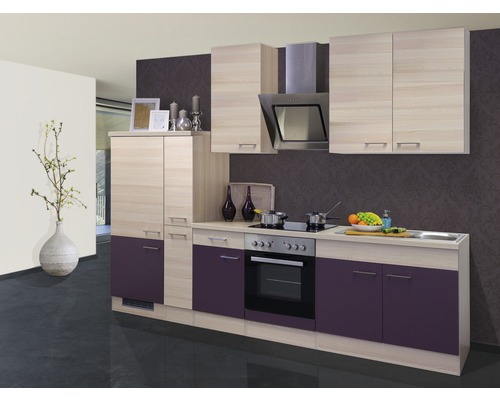 Flex Well Küchenzeile mit Geräten Focus 300 cm Frontfarbe akazie aubergine matt Korpusfarbe akazie zerlegt