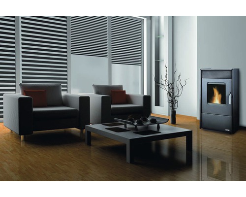 Wohnzimmer mit Pelletkaminofen, Sesseln und Tisch