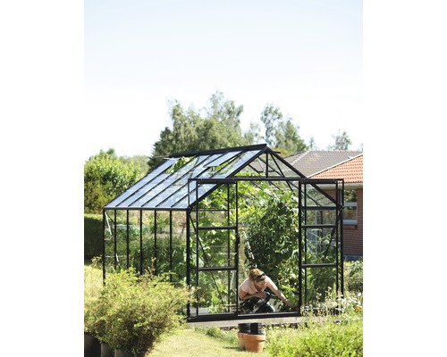 Gewächshaus mit Pflanzen und einer Person im Garten.