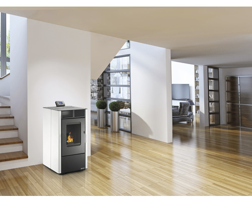 Wohnzimmer mit Pelletofen, Treppe und Regalen
