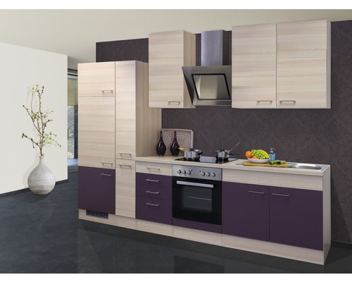 Flex Well Küchenzeile mit Geräten Focus 300 cm Frontfarbe akazie aubergine matt Korpusfarbe akazie zerlegt