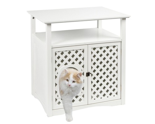 Weißes Katzenklo Möbel mit Katze