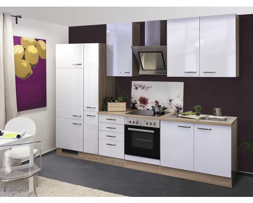 Flex Well Küchenzeile mit Geräten Valero 300 cm Frontfarbe weiß hochglanz Korpusfarbe sonoma eiche zerlegt