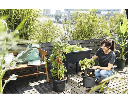 Gartenbepflanzungsszene mit Hochbeet, Pflanzgefäßen und Frau auf Terrasse