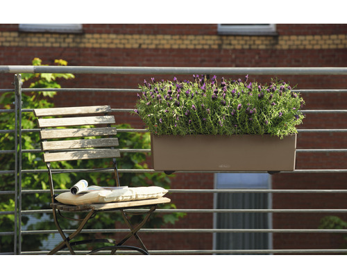 Szene mit einem Balkonkasten mit Pflanzen, der an einem Geländer hängt, und einem Klappstuhl mit Kissen und Zeitschrift