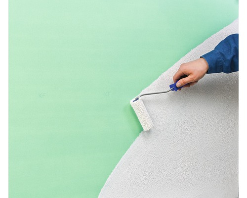 Eine Person streicht eine Wand mit einer Farbwalze.