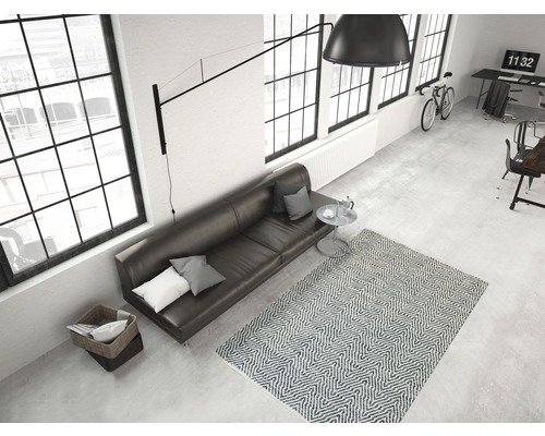 Wohnzimmer mit Sofa, Teppich und Schreibtisch