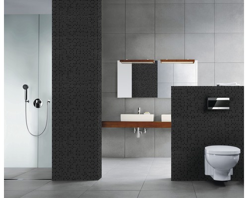 Badezimmer mit Dusche, Waschtisch, Spiegel und Wand-WC.
