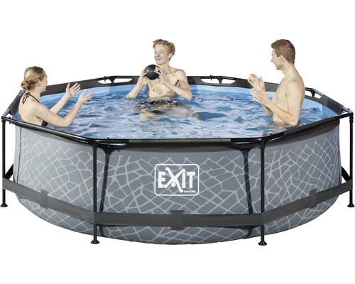 Aufstellpool mit Stahlrahmen und drei Personen im Wasser
