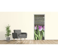 Wohnraum mit Sessel, Topfpflanze und Türposter mit Tulpenmotiv
