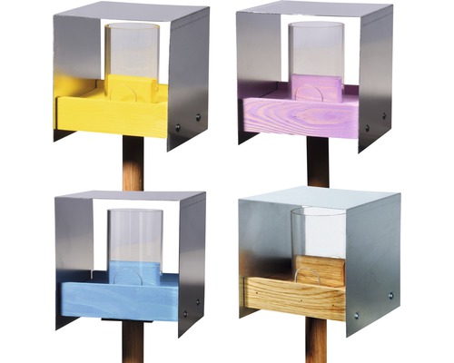 Windlichtständer mit Glas aus Metall und Holz, vier verschiedene Farben