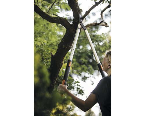 Frau schneidet Baumäste mit einer Getriebeastschere