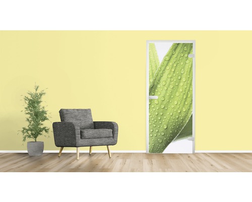 Raumansicht mit Türfolie mit Pflanzenmotiv, Sessel und Zimmerpflanze