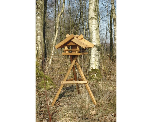 Vogelhaus aus Holz mit Ständer im Wald