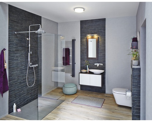 Helles Badezimmer mit Dusche, Waschtisch, Toilette und Holzfußboden