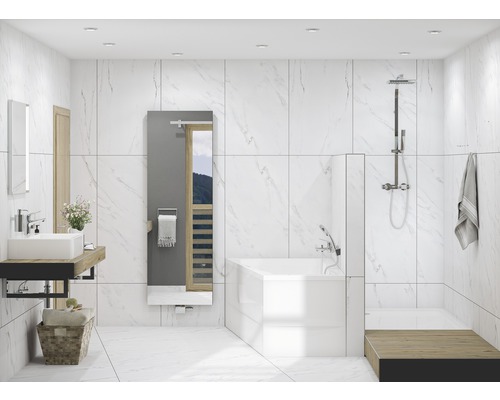 Modernes Badezimmer mit Badewanne, Dusche, Waschbecken und Spiegel vor weißem Marmorhintergrund