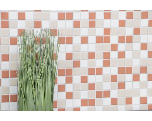 Quadratische Mosaikfliesen und Ziergras