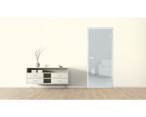 Raumszene mit Kommode und Glastür mit Muster